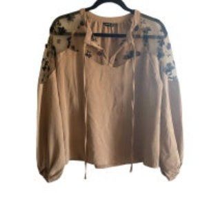 Shein Tan Sheer Lace Wide Sleeve V-neck Blouse Women’s Size Medium